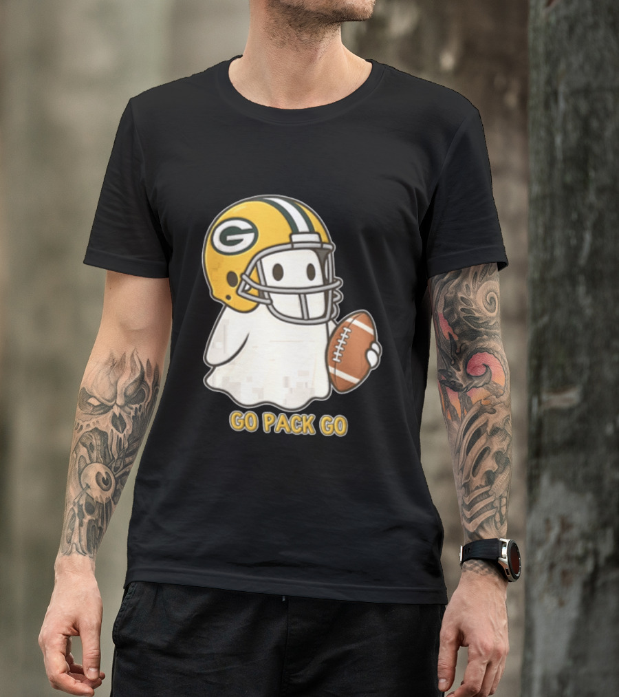 Go Pack Go Ghost With Green Bay Packers Football Helmet And Ball T-Shirt