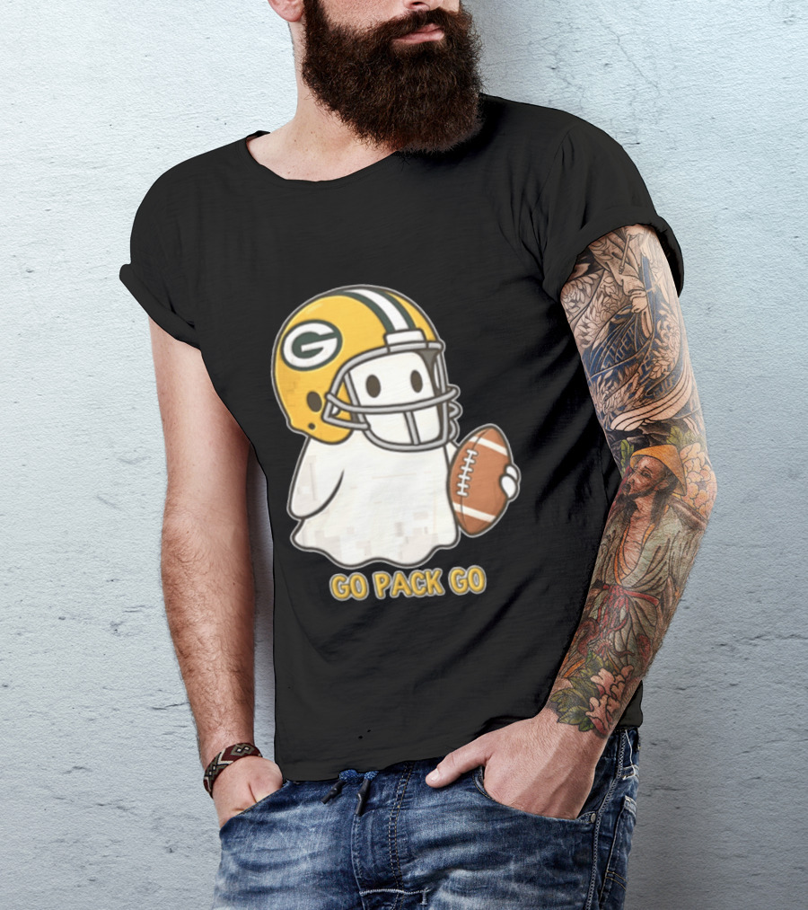 Go Pack Go Ghost With Green Bay Packers Football Helmet And Ball T-Shirt