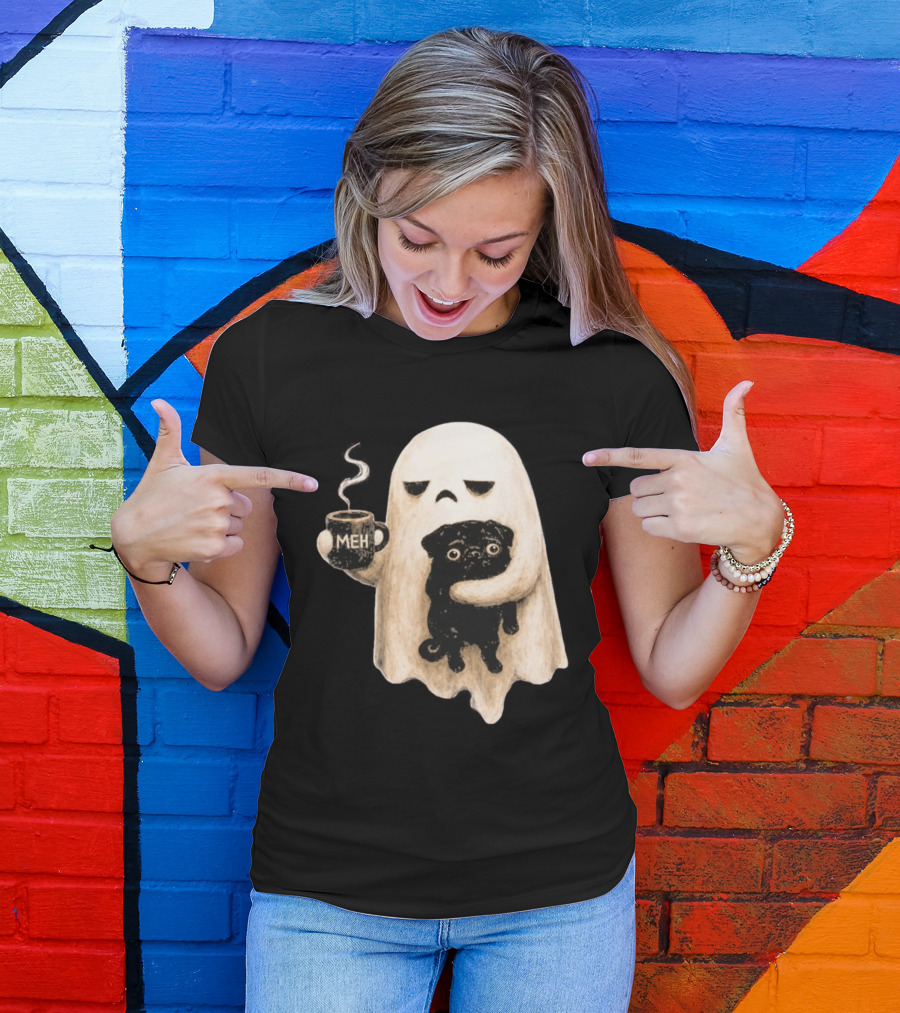 Halloween Meh Ghost Holding Black Pug Dog Lover T-Shirt