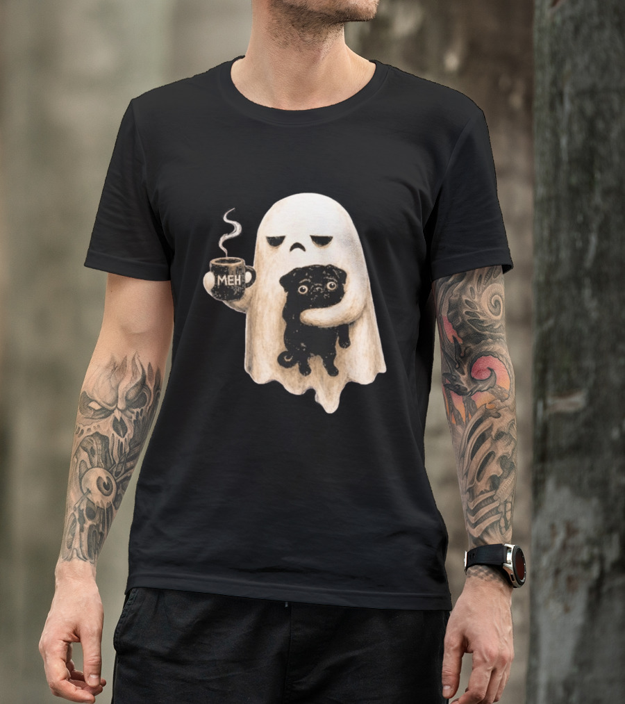 Halloween Meh Ghost Holding Black Pug Dog Lover T-Shirt