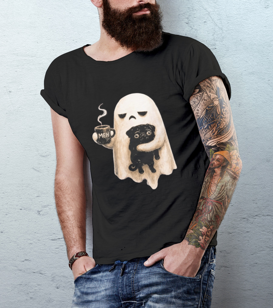 Halloween Meh Ghost Holding Black Pug Dog Lover T-Shirt