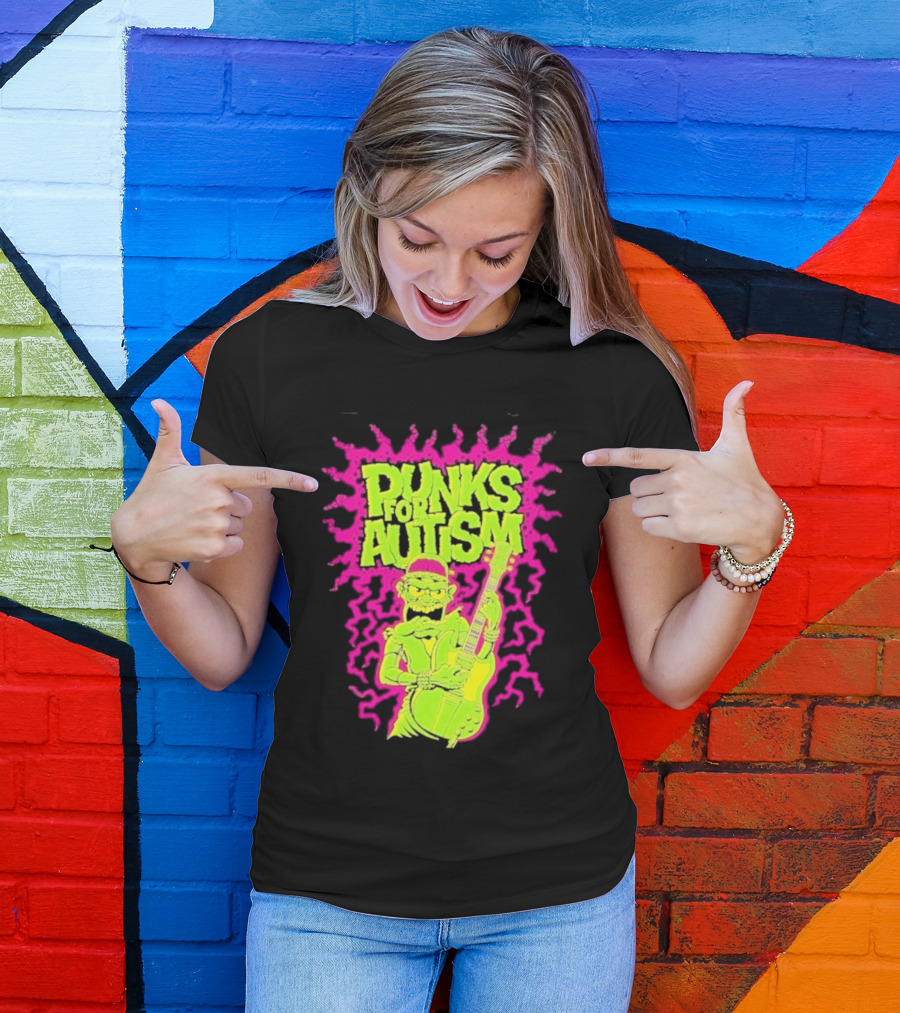 Punks For Autism Frankenstein Guitar Player Neon Rock T-Shirt