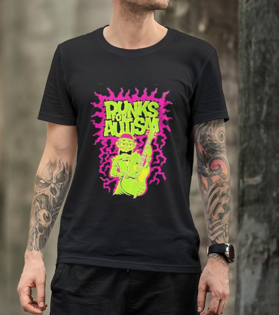 Punks For Autism Frankenstein Guitar Player Neon Rock T-Shirt