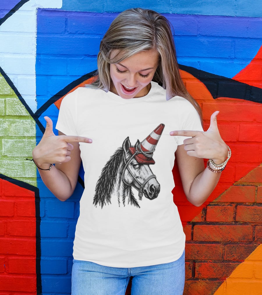 Horse Wearing Red Traffic Cone Hat Rope Accessory T-Shirt
