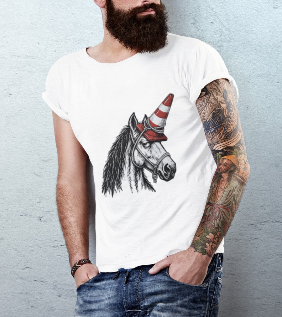 Horse Wearing Red Traffic Cone Hat Rope Accessory T-Shirt