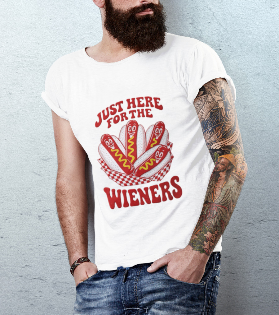 Just Here For The Wieners Four Cartoon Hot Dogs Mustard T-Shirt