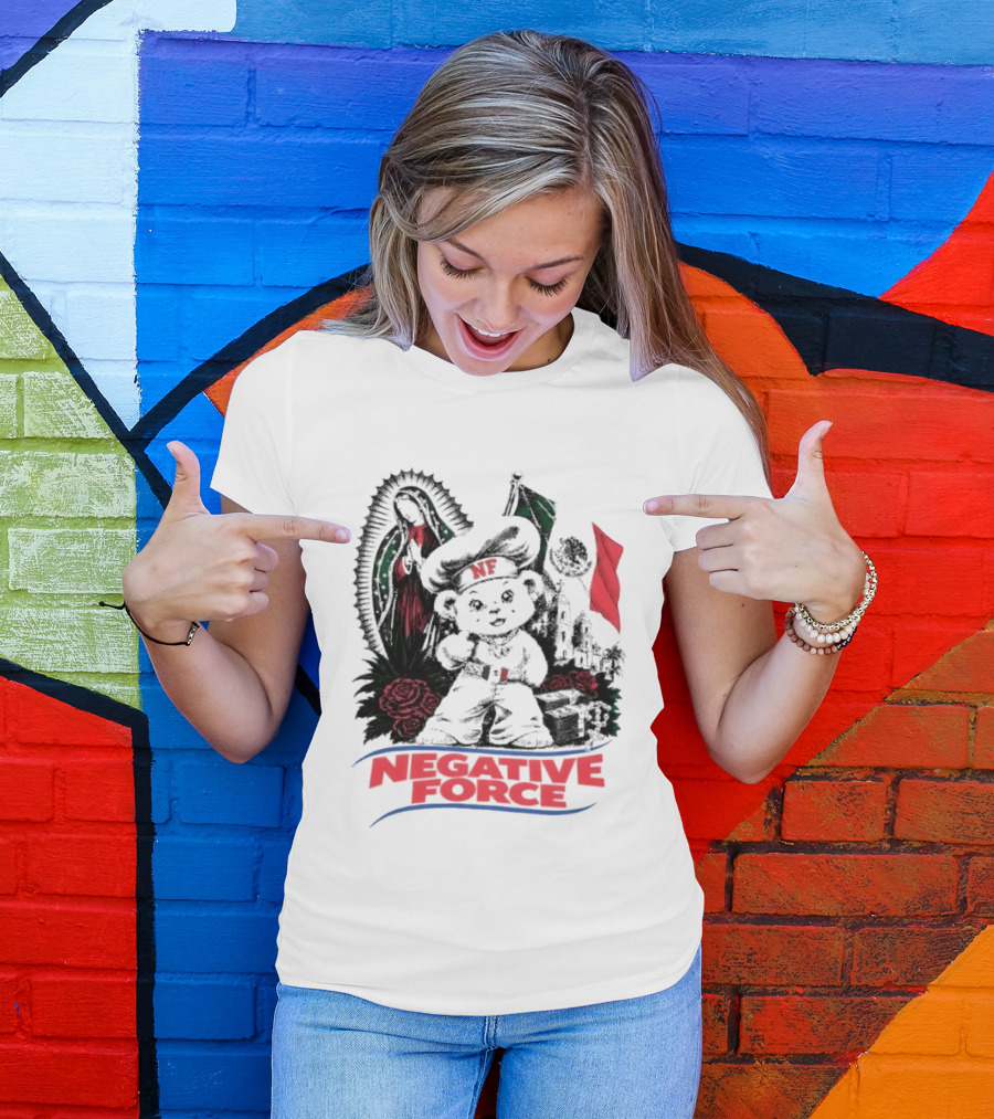 Negative Force Bear With Mexican Flag Virgin Mary Roses T-Shirt