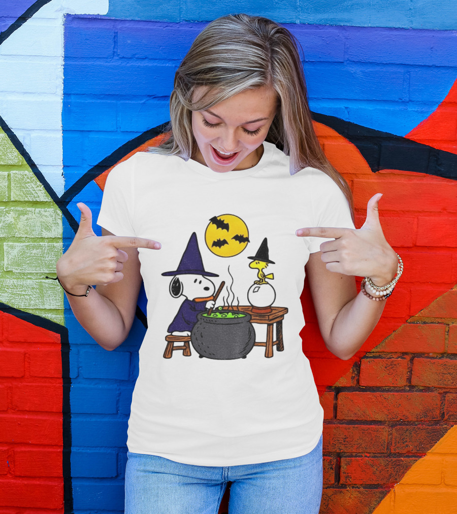 Snoopy Witch Cauldron Woodstock Crystal Ball Halloween Moon Bats T-Shirt
