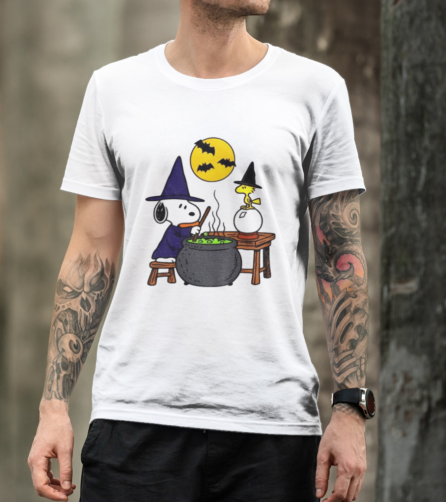 Snoopy Witch Cauldron Woodstock Crystal Ball Halloween Moon Bats T-Shirt