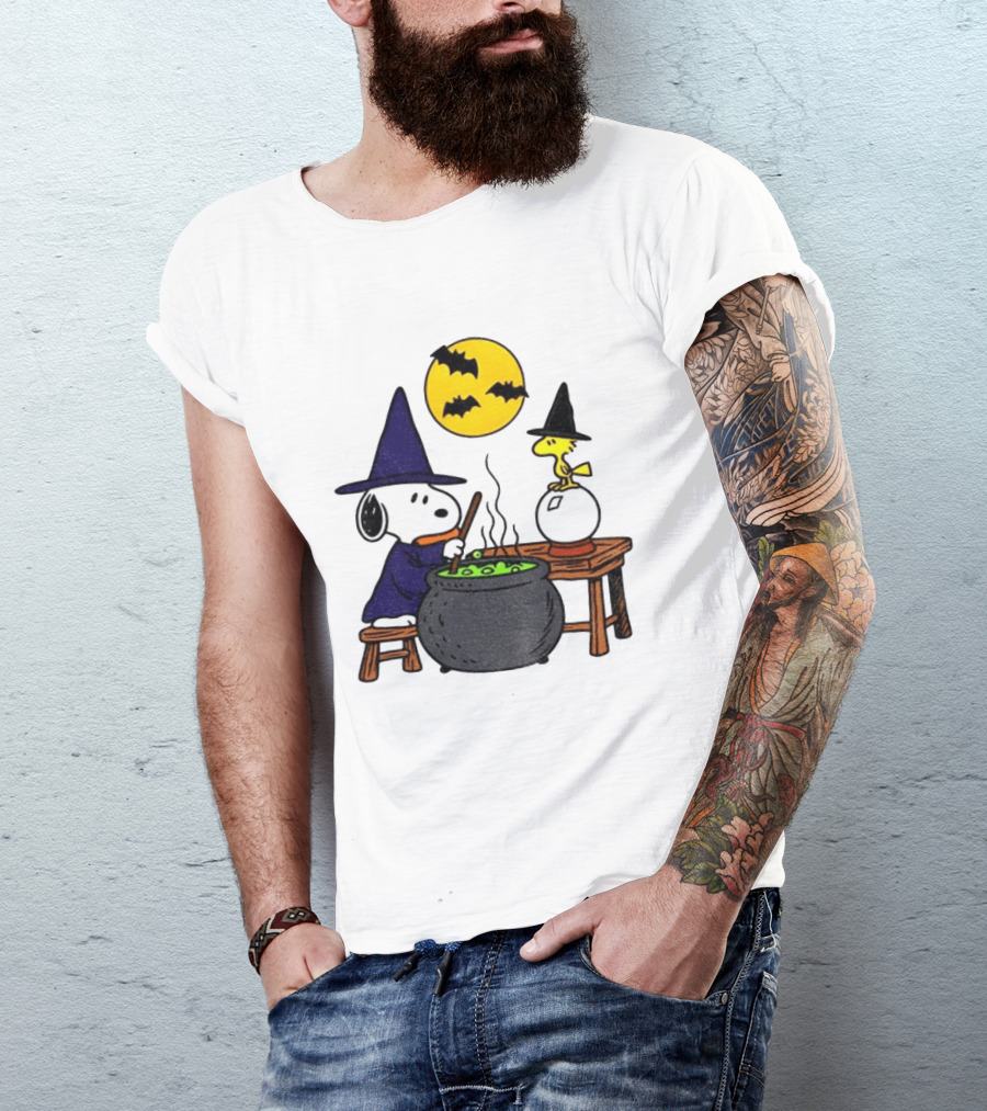 Snoopy Witch Cauldron Woodstock Crystal Ball Halloween Moon Bats T-Shirt