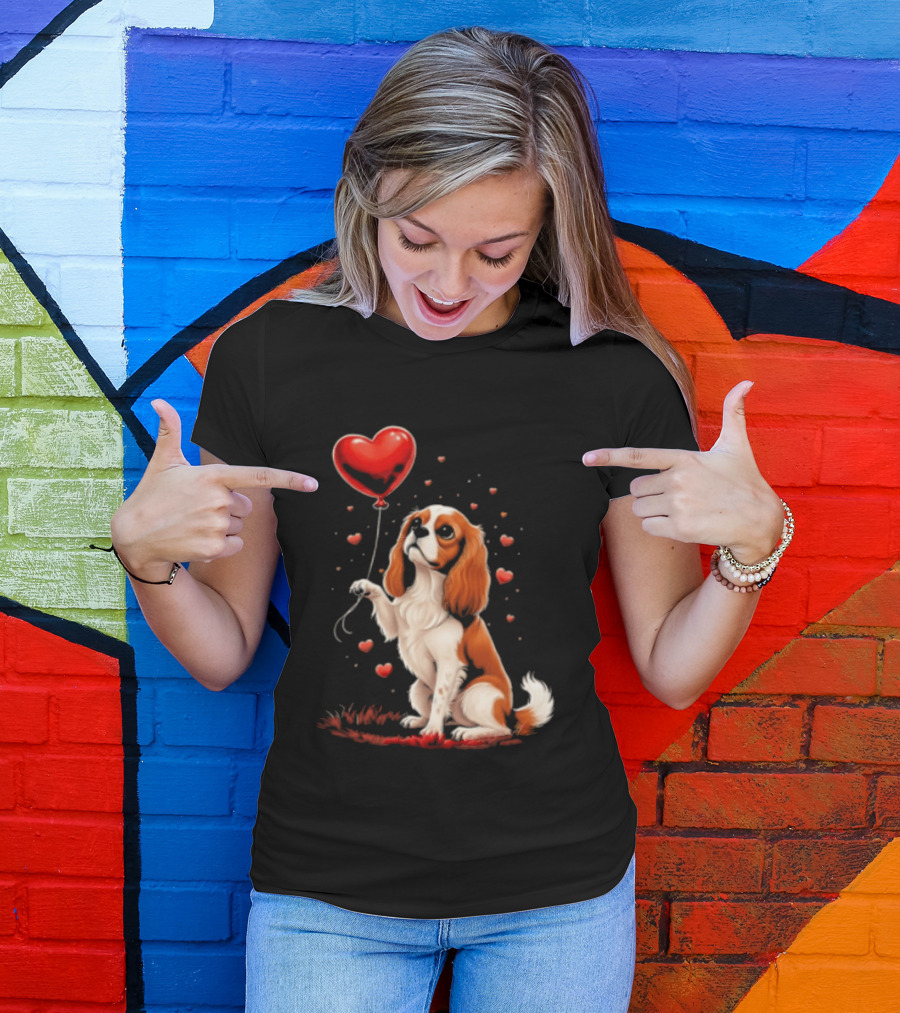 Cavalier King Charles Spaniel With Heart Balloon Surrounded By Floating Hearts T-Shirt