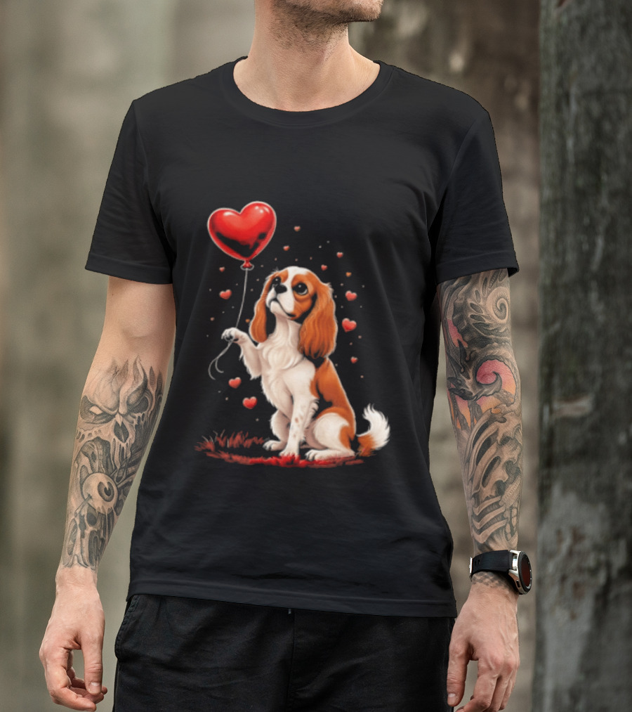 Cavalier King Charles Spaniel With Heart Balloon Surrounded By Floating Hearts T-Shirt