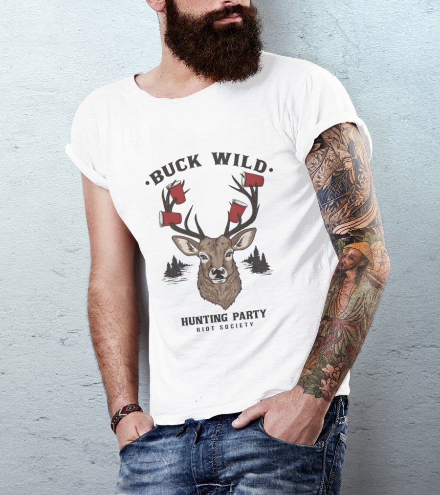 Buck Wild Hunting Party Riot Society Deer Antler Cups T-Shirt