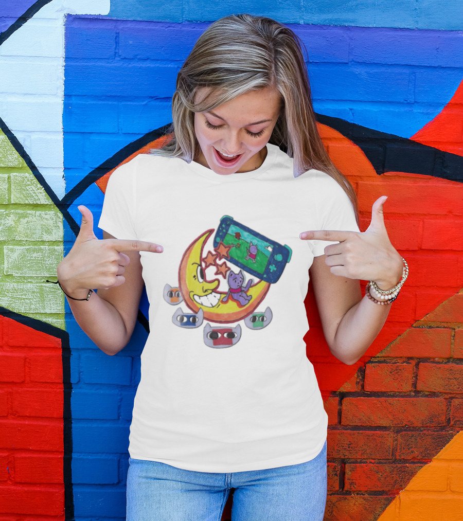 Purple Bear Gaming On Moon With Sunflowers And Dogs Whimsical Two Sided T-Shirt