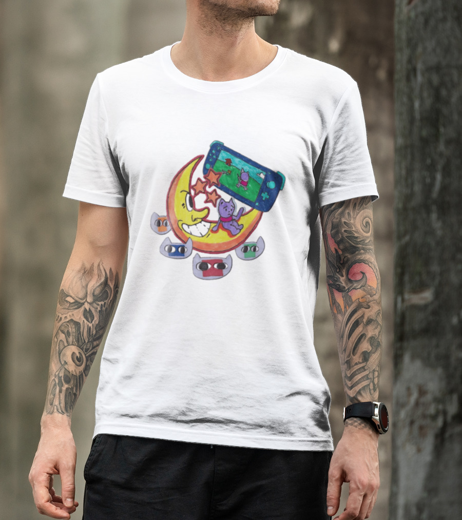 Purple Bear Gaming On Moon With Sunflowers And Dogs Whimsical Two Sided T-Shirt