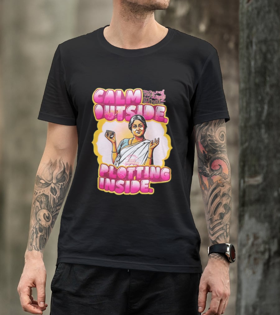 Kaviyoor Ponnamma Calm Outside Plotting Inside Woman Wearing Saree Holding Bowl T-Shirt