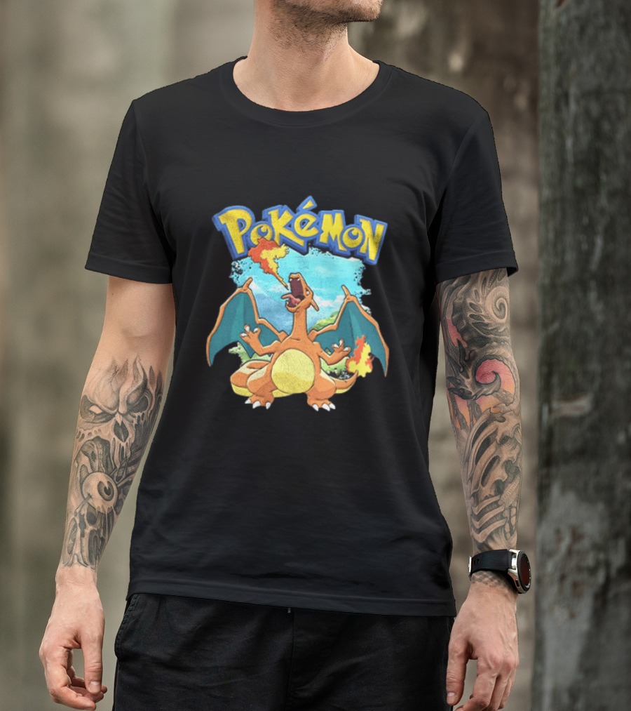 Pokemon Charizard Breathing Fire In Green Landscape T-Shirt