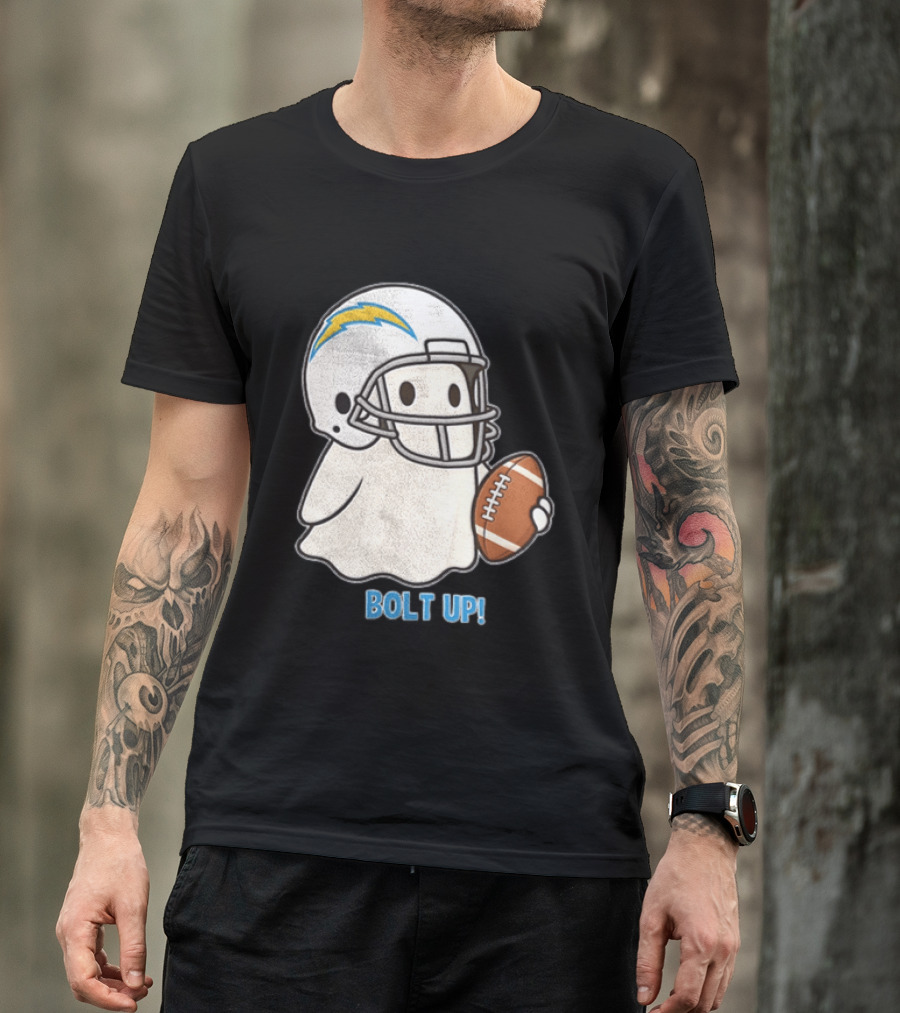 Los Angeles Chargers Bolt Up Ghost Football Helmet Holding Ball T-Shirt