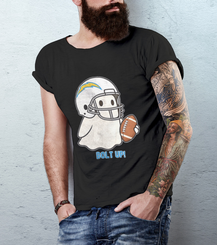 Los Angeles Chargers Bolt Up Ghost Football Helmet Holding Ball T-Shirt