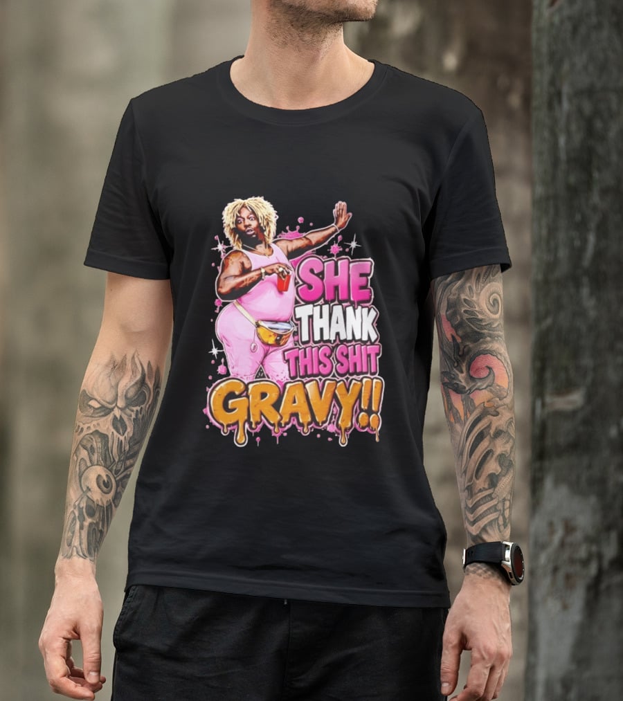Yung Gravy She Thank This Shit Gravy Rapper Pink Outfit Drink Pose T-Shirt