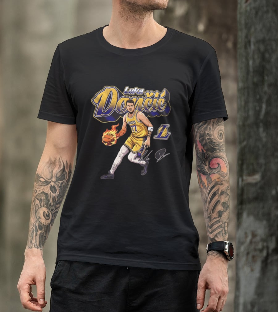 Luka Dončić Los Angeles Lakers Flaming Basketball Dribble NBA Player T-Shirt