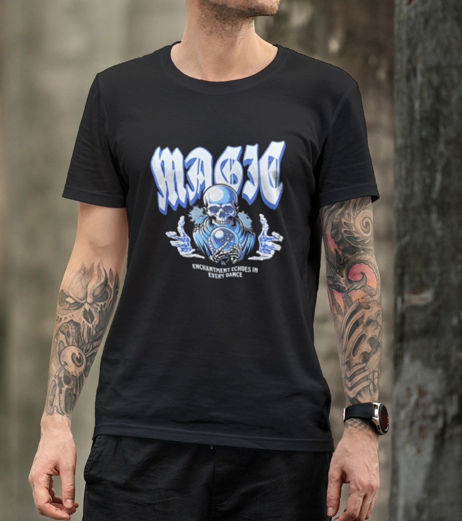 Magic Enchantment Echoes Skeleton Holding Glowing Crystal Ball T-Shirt
