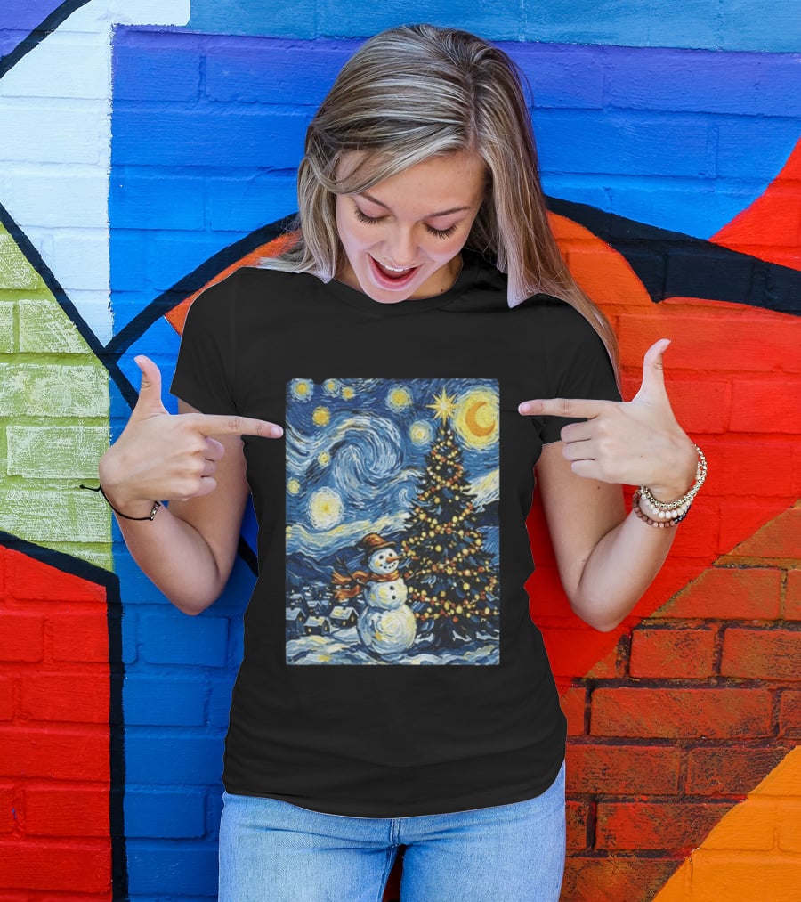 Starry Snowman Christmas Night With Tree And Sky T-Shirt