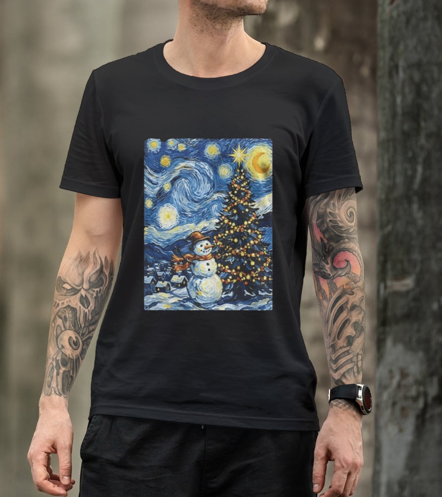 Starry Snowman Christmas Night With Tree And Sky T-Shirt