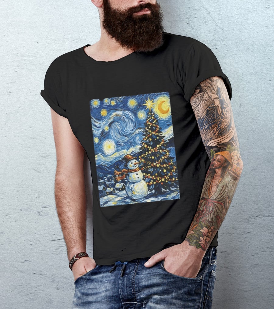 Starry Snowman Christmas Night With Tree And Sky T-Shirt