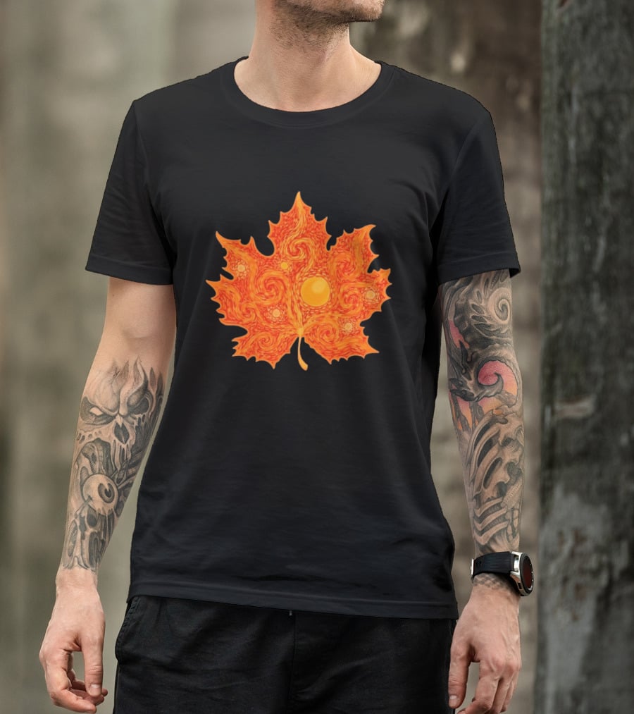 Starry Night Orange Maple Leaf Autumn Swirl T-Shirt