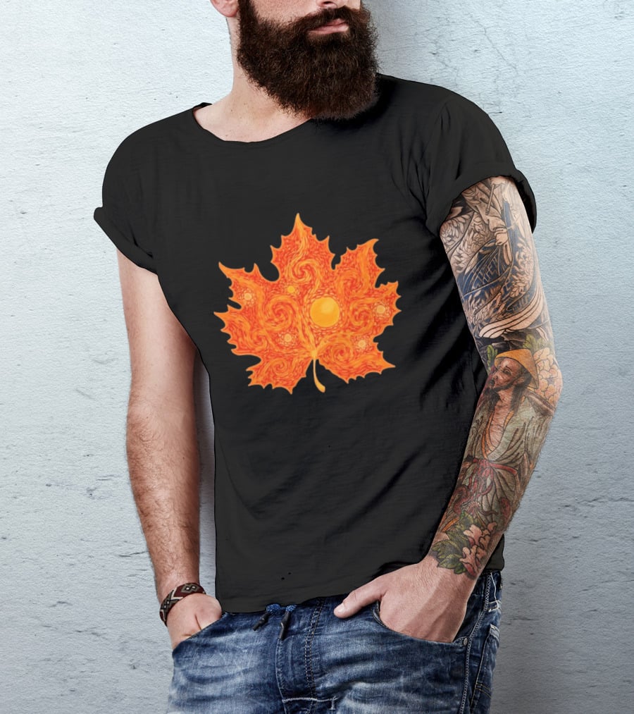 Starry Night Orange Maple Leaf Autumn Swirl T-Shirt