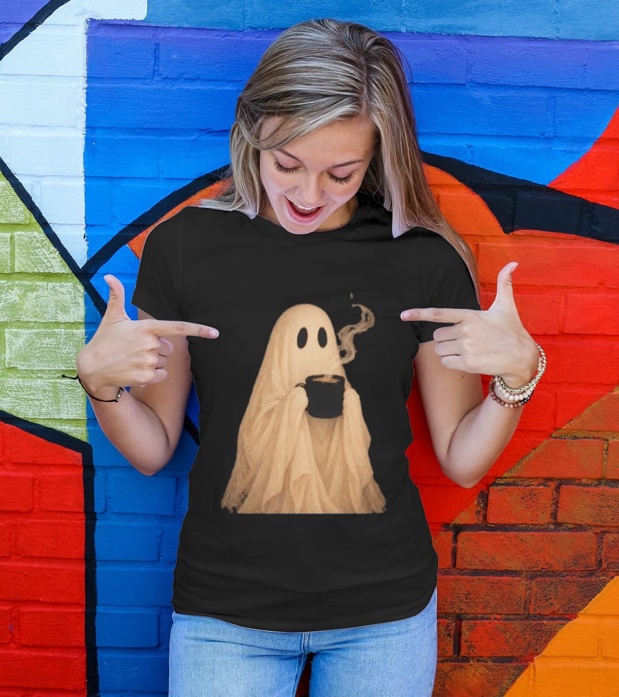 Ghost Spooky Coffee Bar Halloween Cozy Ghost Holding Coffee Steam T-Shirt