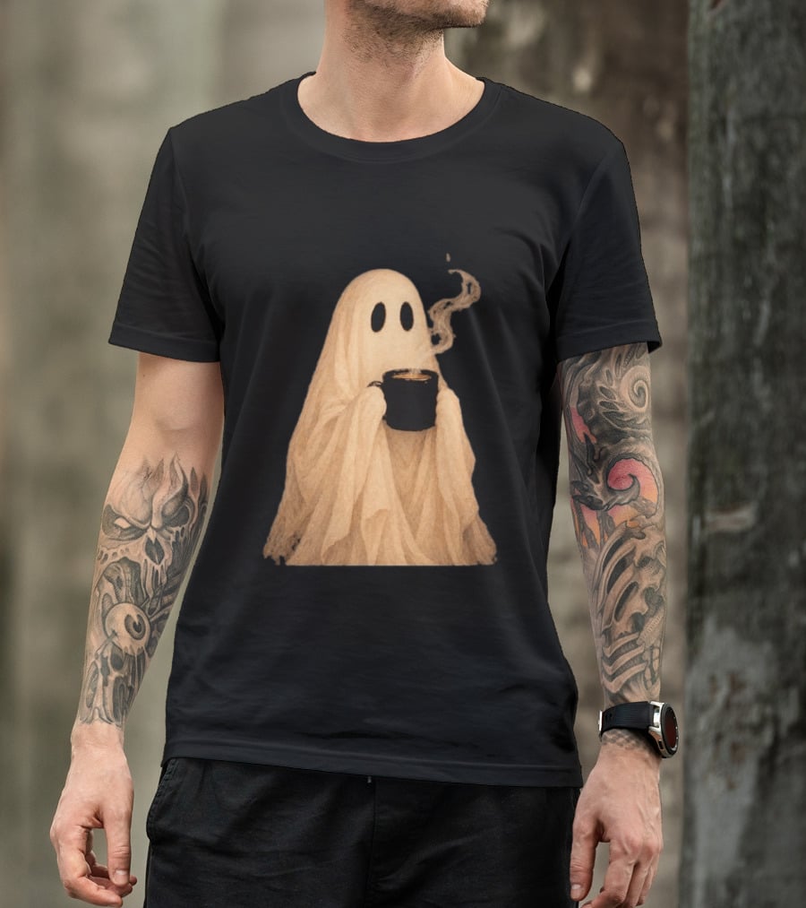 Ghost Spooky Coffee Bar Halloween Cozy Ghost Holding Coffee Steam T-Shirt