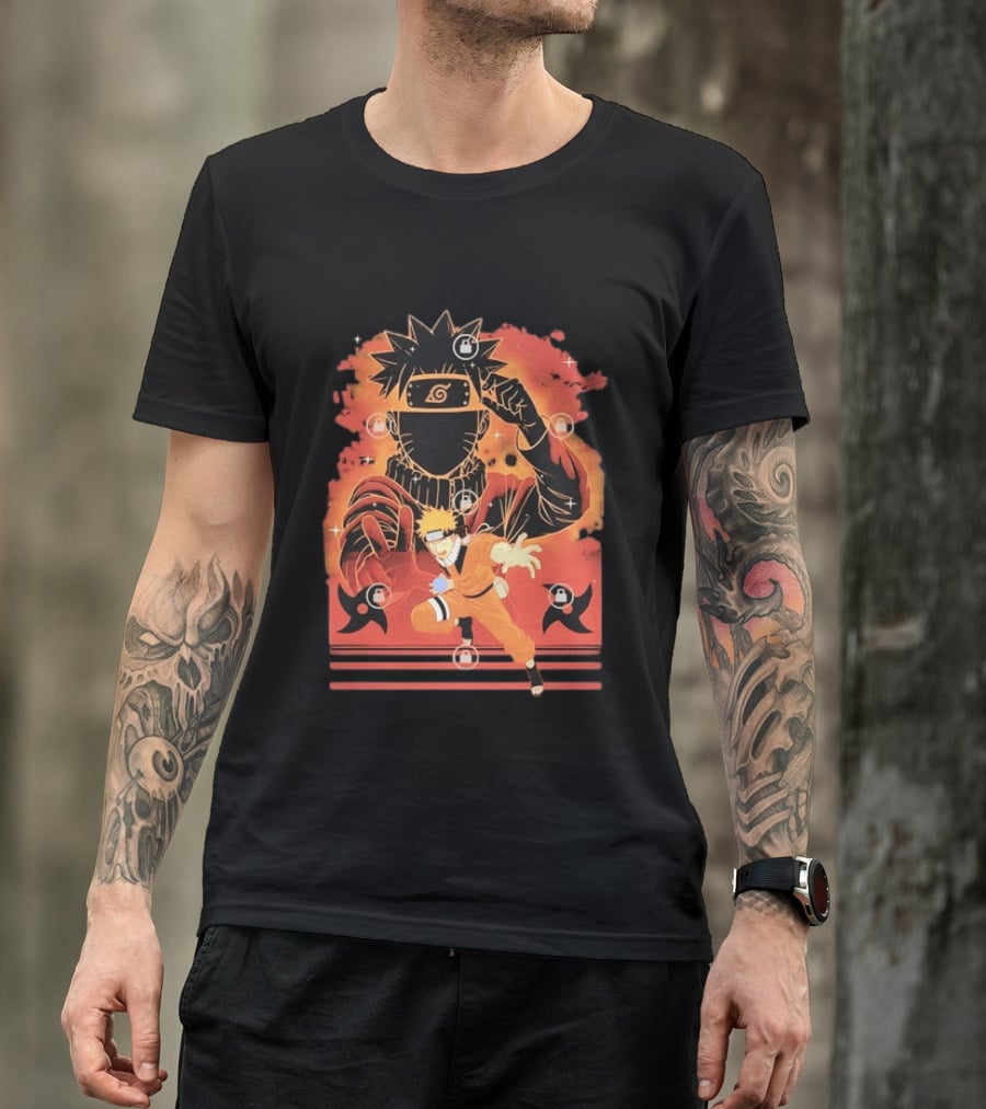 Naruto Uzumaki Ninja Action Anime Manga Shadow Clone Jutsu Shuriken Flames T-Shirt