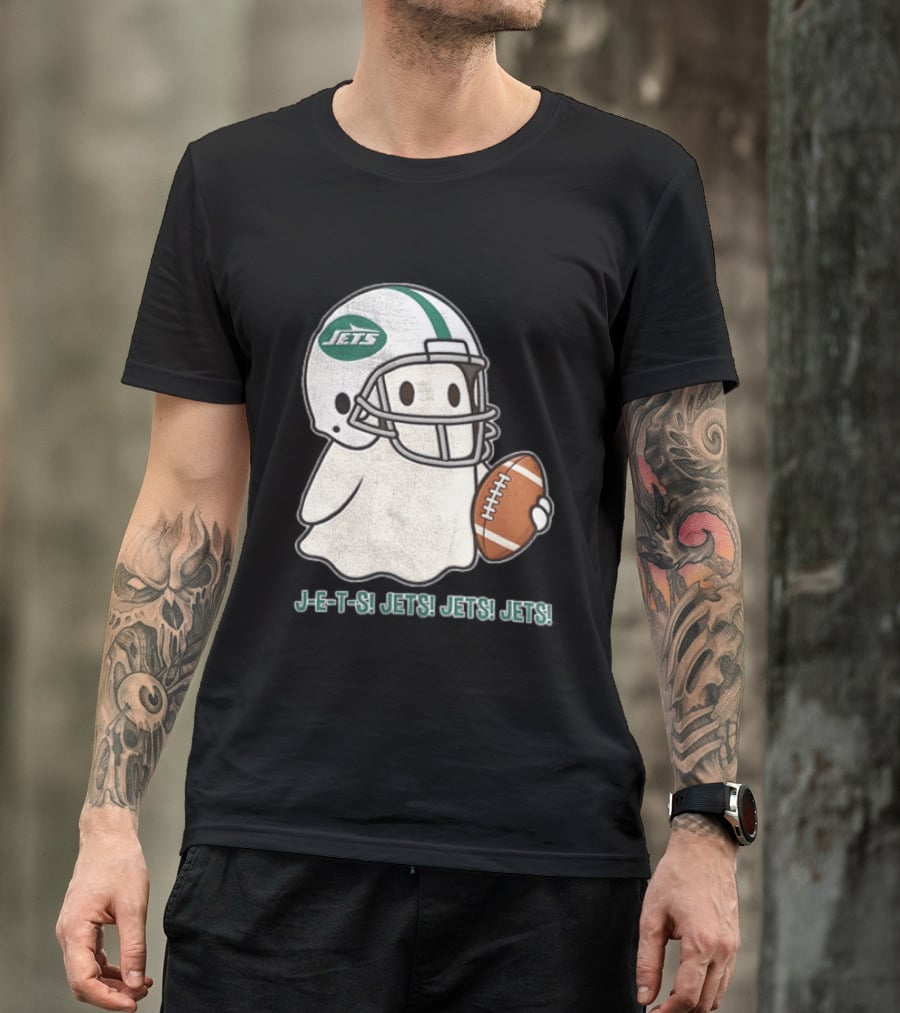J E S Jets Jets Jets New York Jets Football Helmet Ghost Holding Football T-Shirt