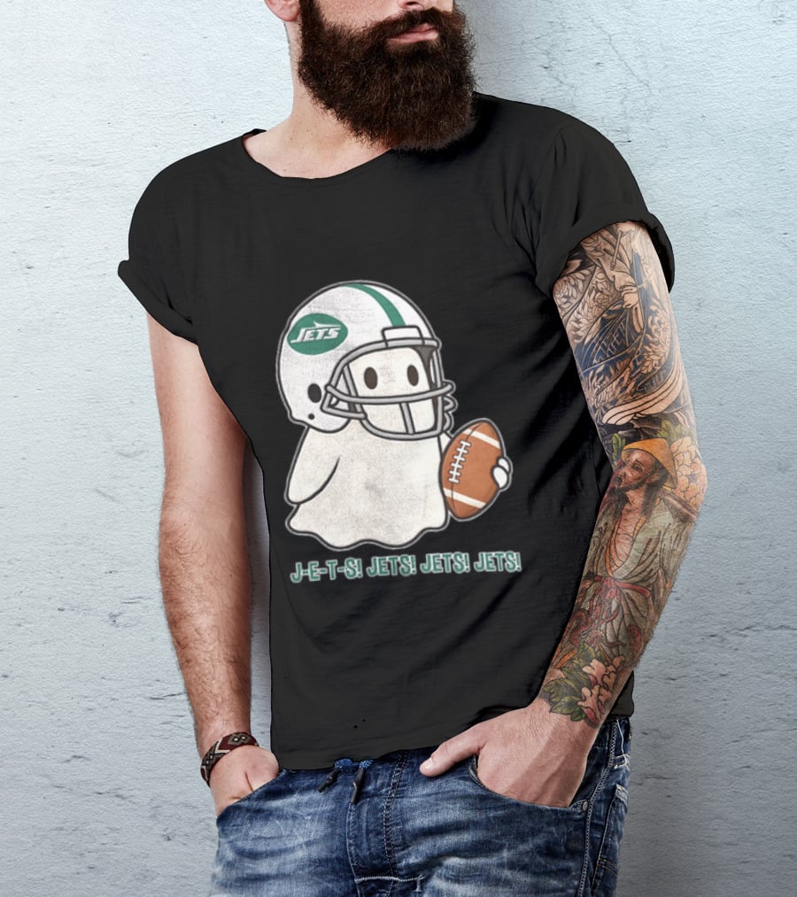 J E S Jets Jets Jets New York Jets Football Helmet Ghost Holding Football T-Shirt