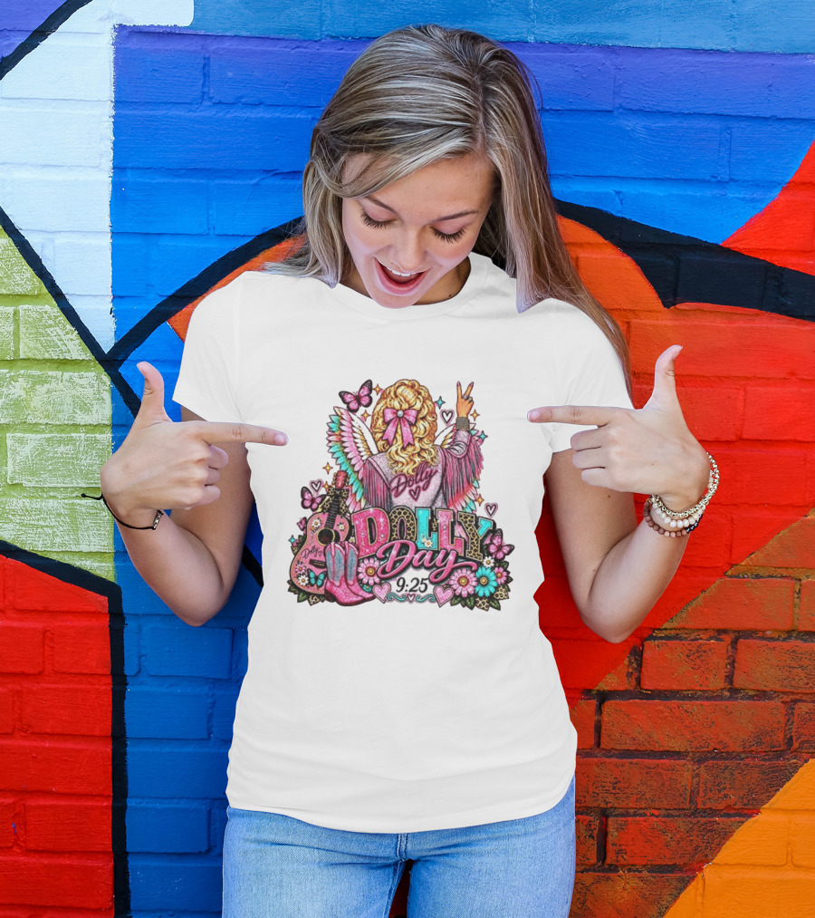 Dolly Day 9.25 Pink Cowgirl Boots Guitar Western Butterflies Hearts T-Shirt