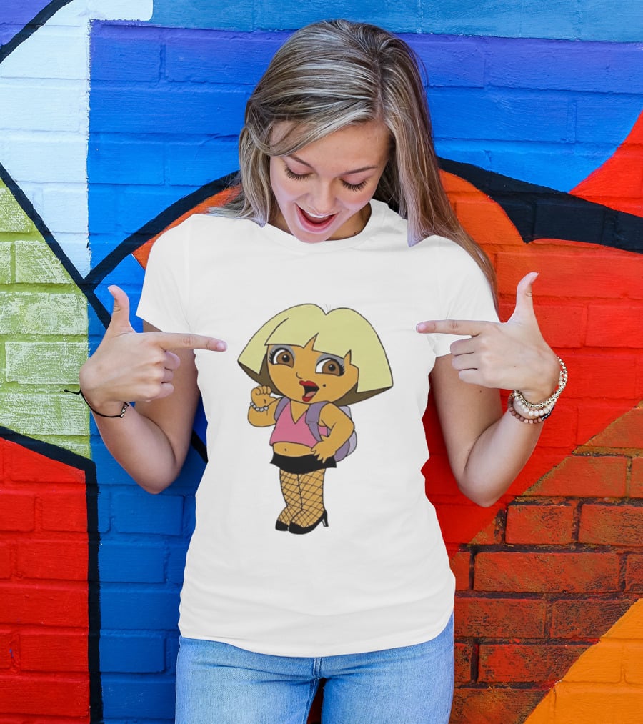 Explorer Parody Cartoon Mashup Pop Culture Icon With Backpack And Fishnets T-Shirt