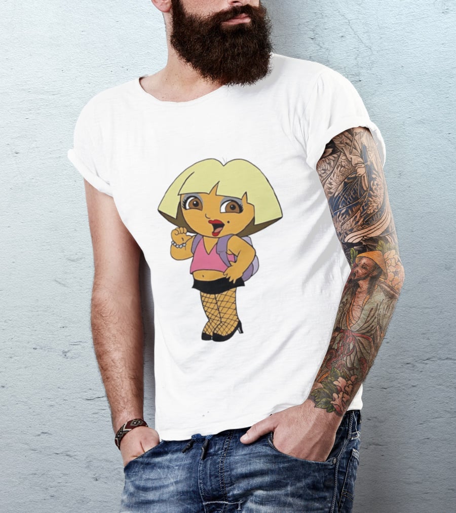 Explorer Parody Cartoon Mashup Pop Culture Icon With Backpack And Fishnets T-Shirt
