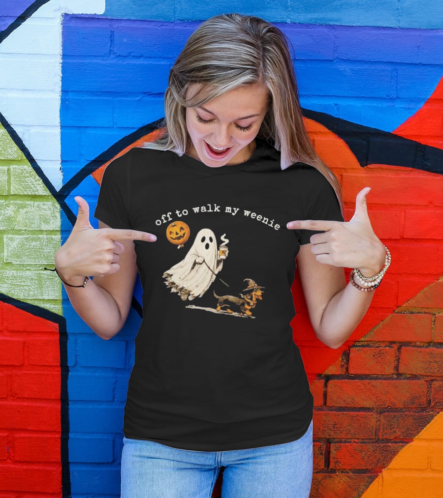 Ghost Walking With Pumpkin Balloon And Dachshund Halloween Fun T-Shirt