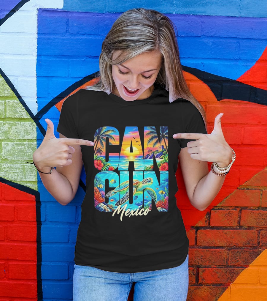 Cancun Mexico Tropical Sea Turtle Sunset Palm Trees Ocean Scene T-Shirt