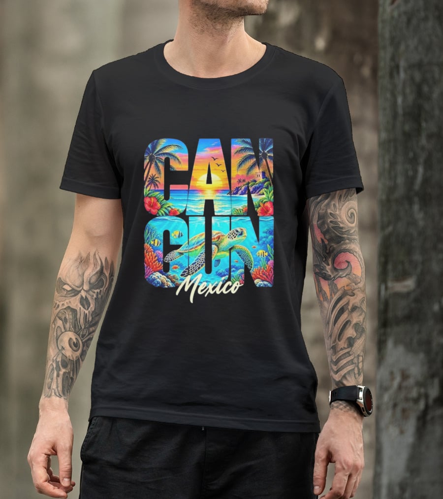 Cancun Mexico Tropical Sea Turtle Sunset Palm Trees Ocean Scene T-Shirt