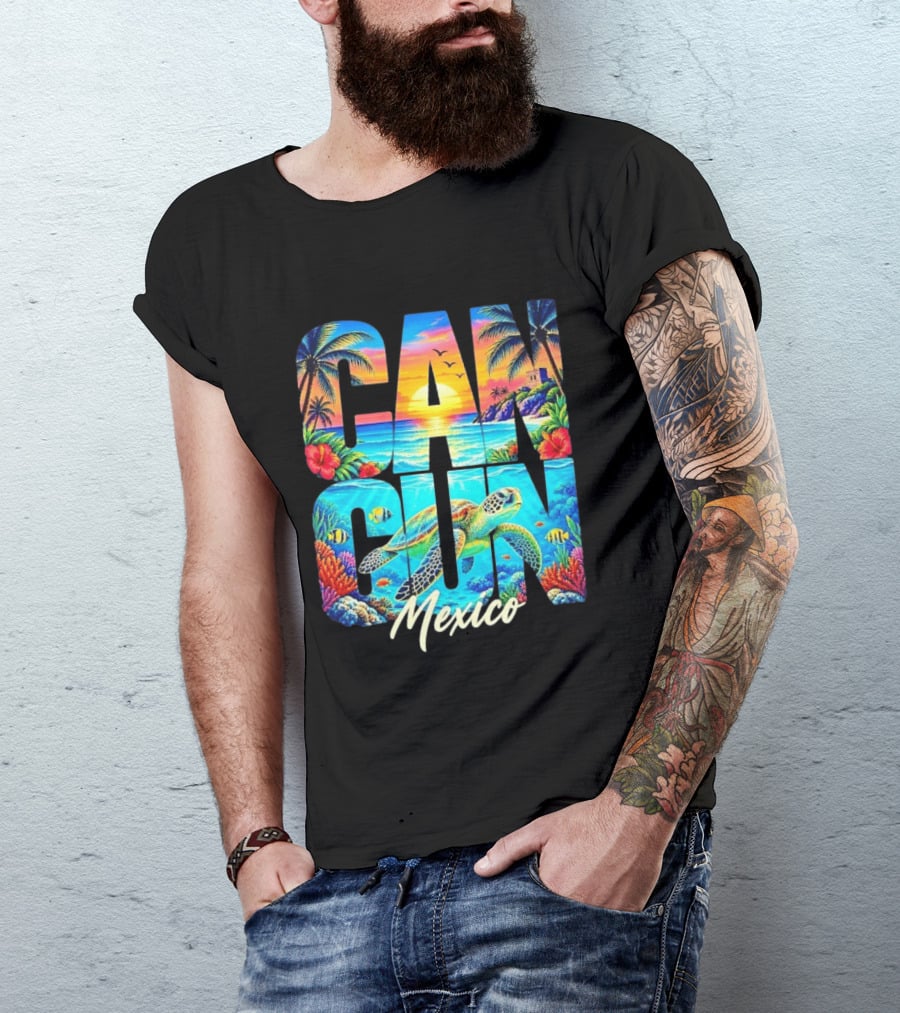 Cancun Mexico Tropical Sea Turtle Sunset Palm Trees Ocean Scene T-Shirt