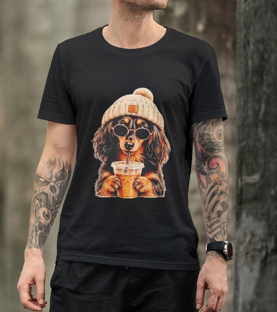 Dachshund Beanie Sunglasses Iced Coffee Trendy Dog Fashion T-Shirt