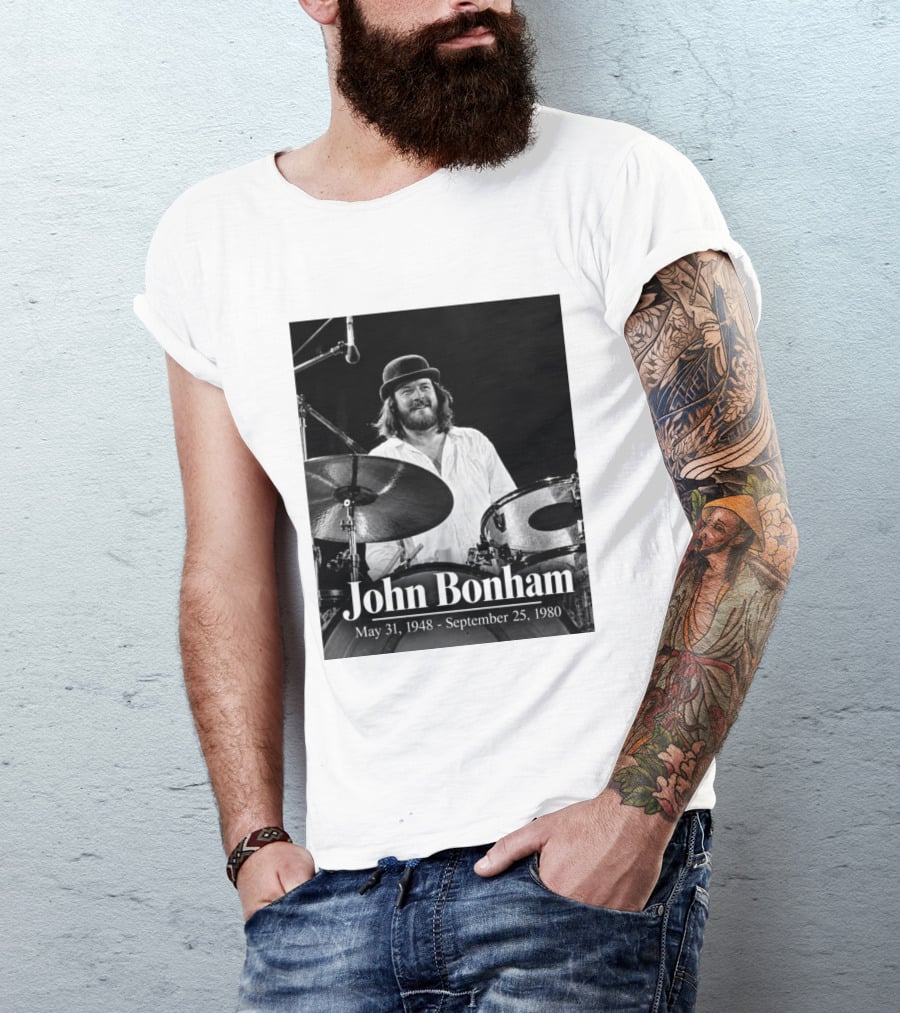 John Bonham May 31 1948 September 25 1980 Drummer Tribute Black And White Photo T-Shirt