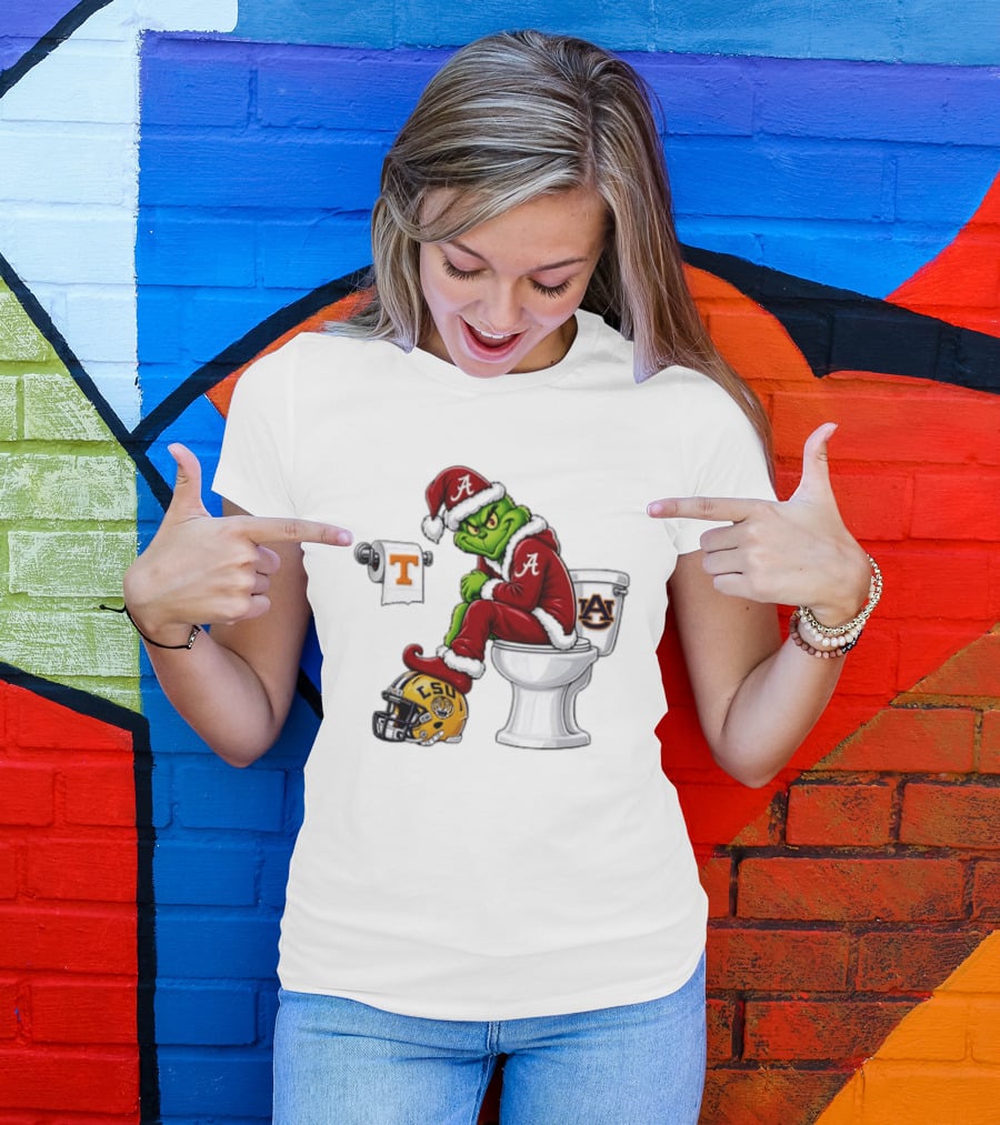 Alabama Crimson Tide Santa Grinch Sitting Auburn Toilet LSU Helmet Christmas T-Shirt