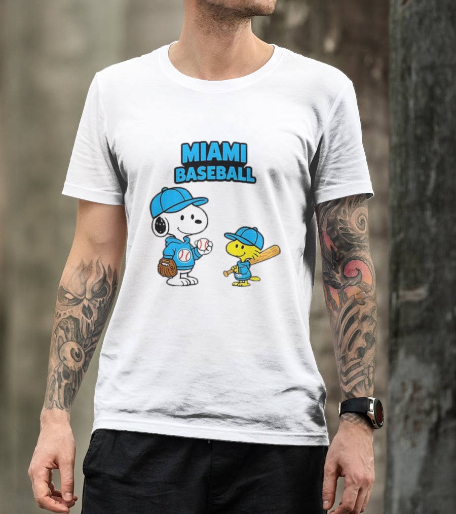 Snoopy Woodstock Miami Baseball Peanuts Cartoon MLB T-Shirt