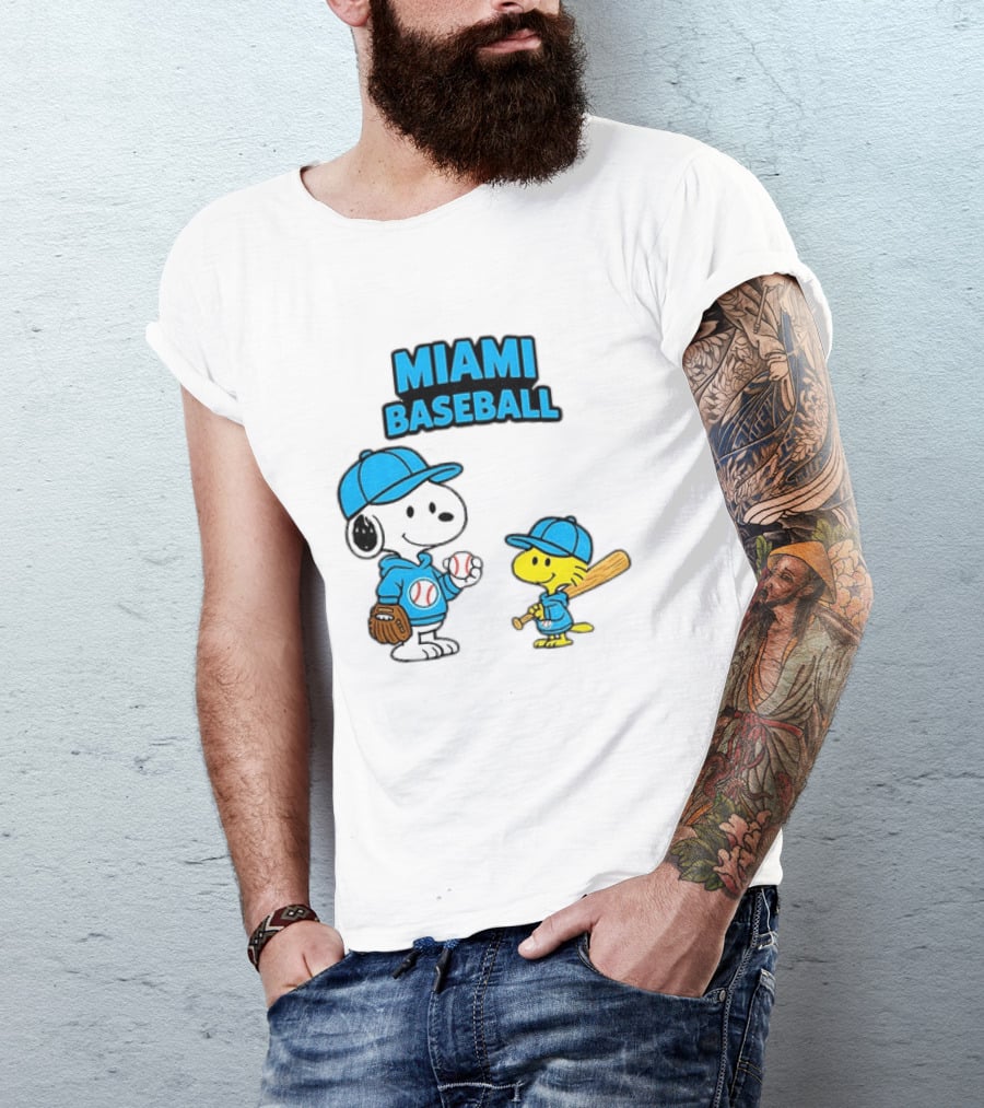 Snoopy Woodstock Miami Baseball Peanuts Cartoon MLB T-Shirt