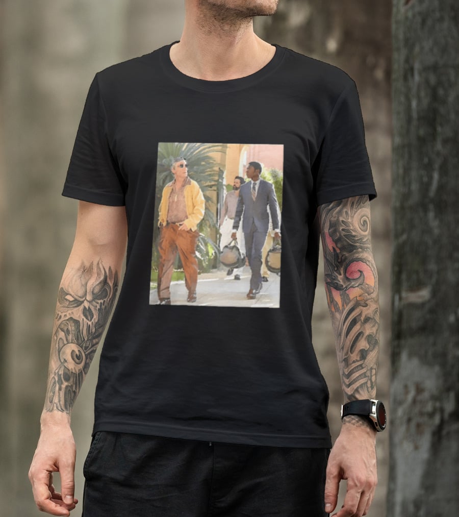 Men In Stylish Outfits Walking Outdoors With Bags T-Shirt