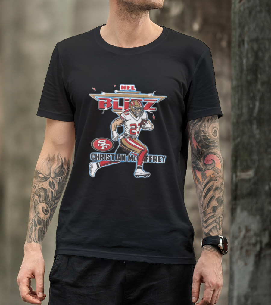 NFL Blitz 23 Christian McCaffrey San Francisco 49ers Football Player Running With Ball T-Shirt
